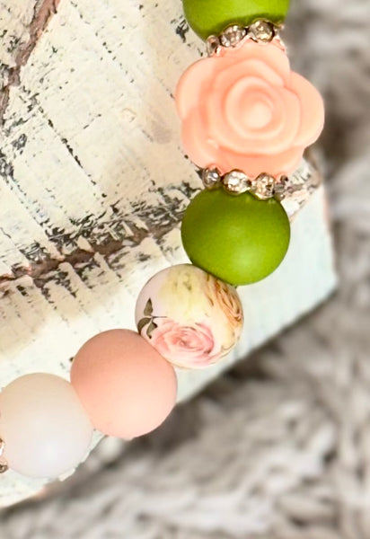 Spring Floral Peach/Green Wristlet KeyChain