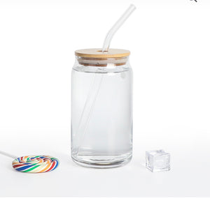 16 oz. Beer Can Glass-Clear w/Bamboo Lid and Straw