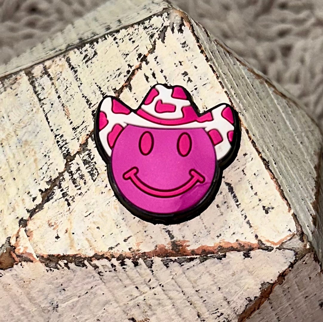 Pink Smiley Face w/Hot Pink Cow Print Hat Silicone Focal Bead