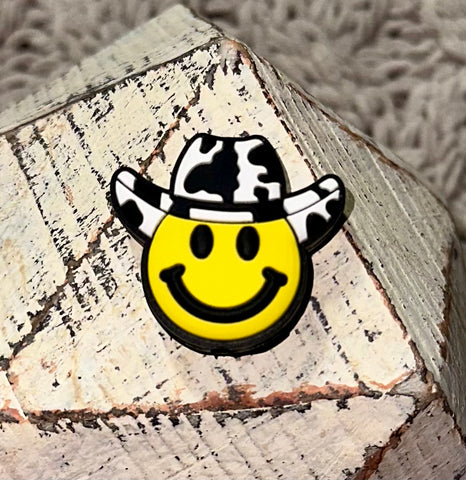 YellowSmiley Face w/Cow Print Hat Silicone Focal Bead