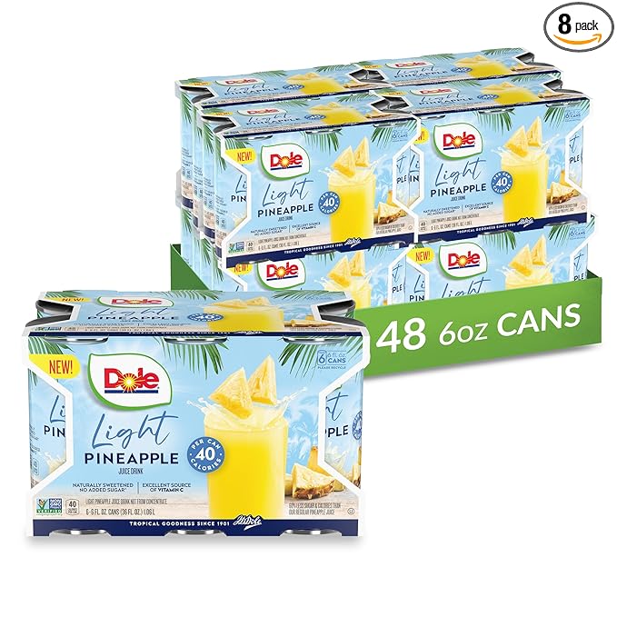 Dole Light Pineapple Juice Drink, No Added Sugar, 40 Calories Per Can