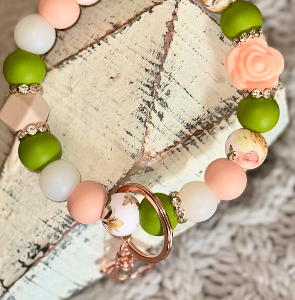 Spring Floral Peach/Green Wristlet KeyChain