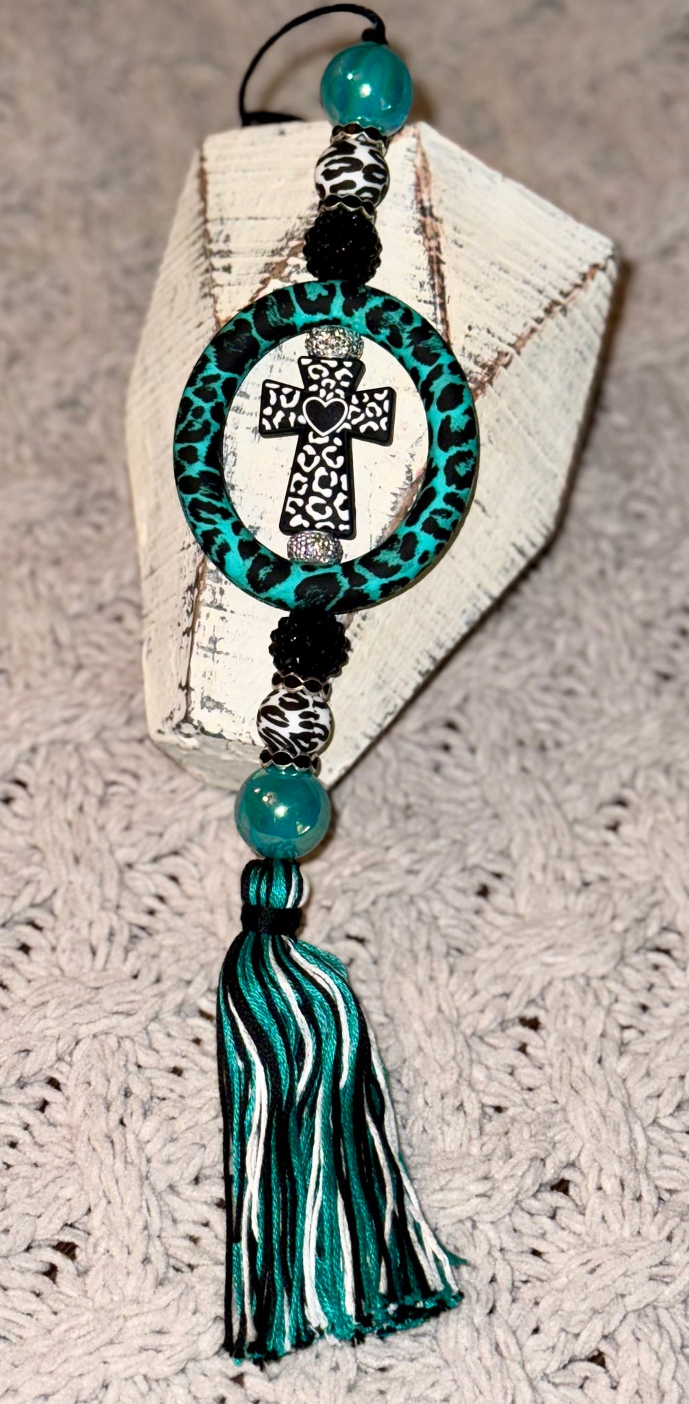 Turquoise Cheetah/Leopard Cross Car Charm