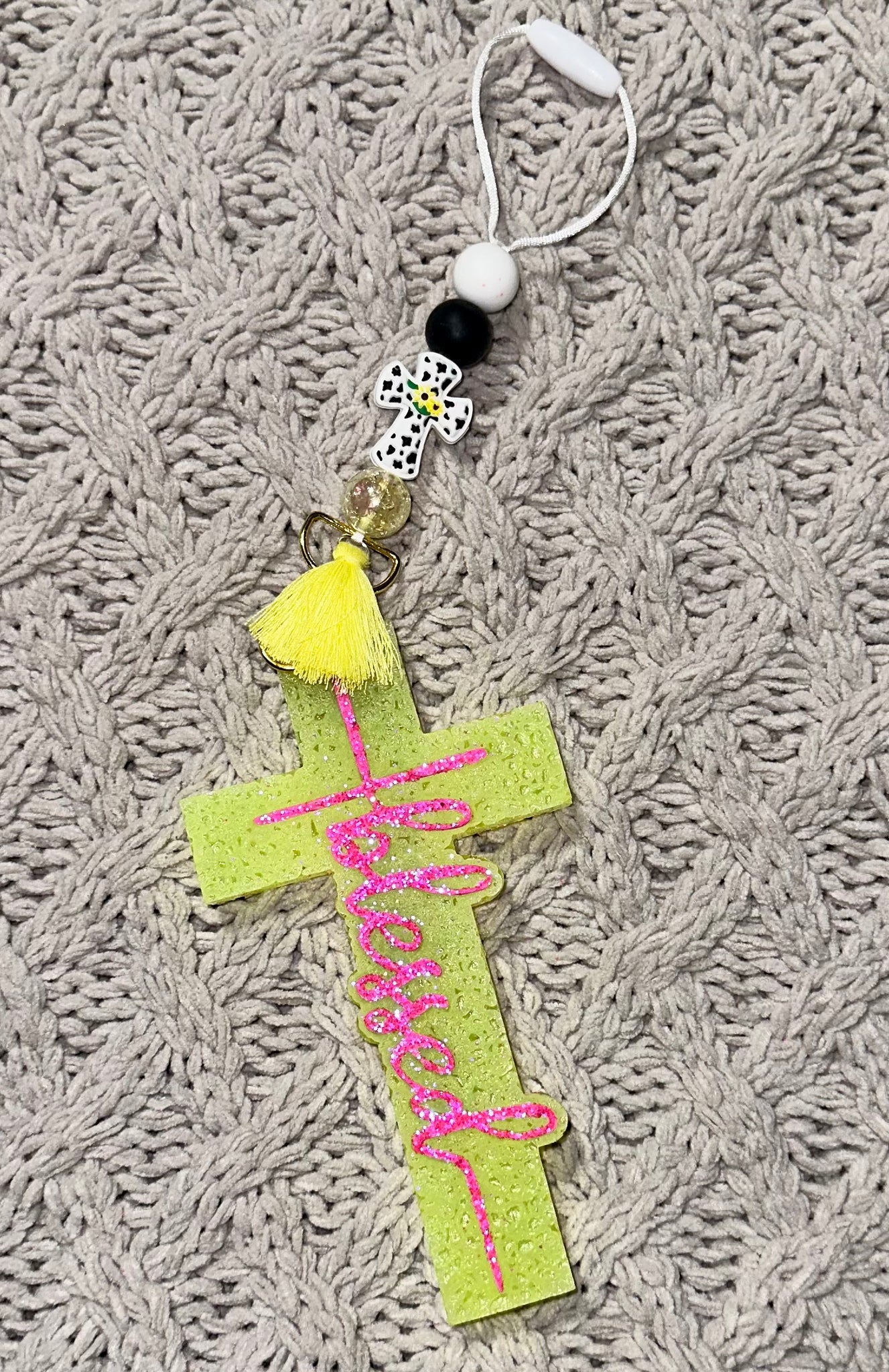 Neon Yellow “Blessed” Cross Freshie/Black/White “Jesús” Cross Freshie Hanger