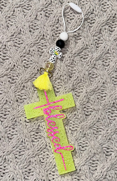 Neon Yellow “Blessed” Cross Freshie/Black/White “Jesús” Cross Freshie Hanger