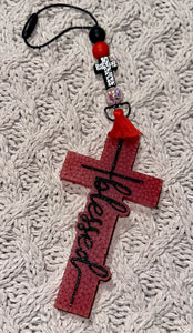 Red “Blessed” Cross Freshie/Black with white filigree Cross Freshie Hanger