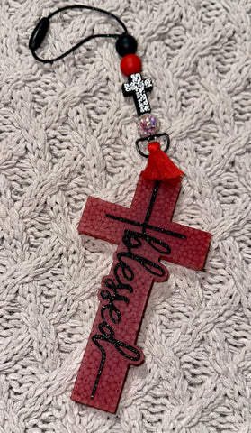 Red “Blessed” Cross Freshie/Black with white filigree Cross Freshie Hanger