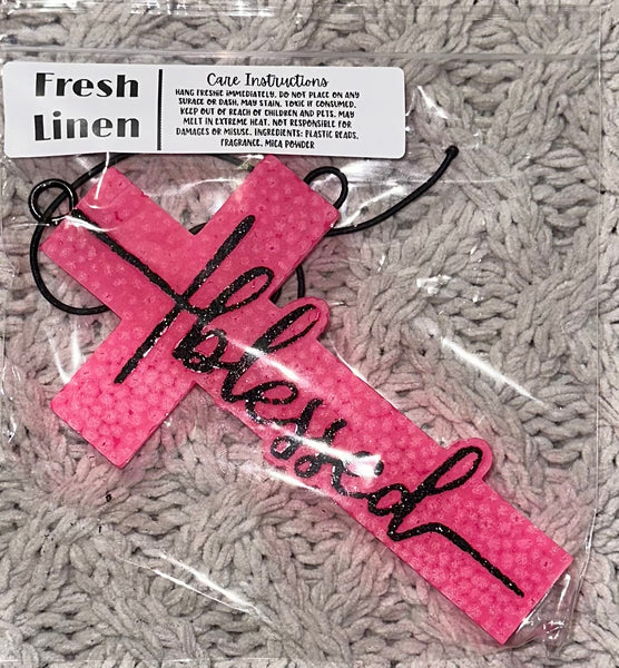 Hot Pink “Blessed” Cross Freshie/Hot Pink “Jesús” Cross Freshie Hanger