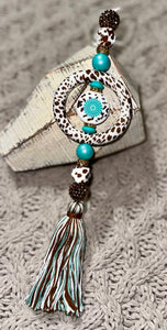 Turquoise Squash Blossom/Brown Cow Print Rear View Mirror Car Charm