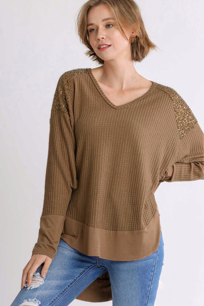 Outshine the Stars Cappuccino Waffle Hi Low Sequined Top