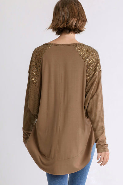 Outshine the Stars Cappuccino Waffle Hi Low Sequined Top