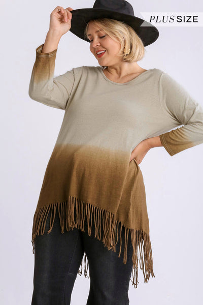 Country Girl Two Toned Hi Low Linen Tunic w/Fringe