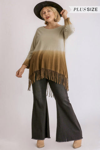 Country Girl Two Toned Hi Low Linen Tunic w/Fringe