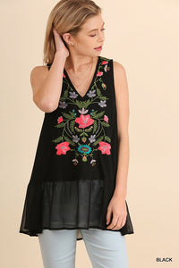 Floral Garden Sleeveless V-neck Embroidered Top