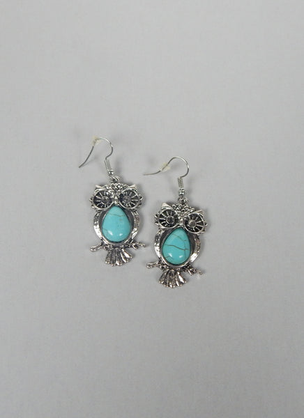 Pewter Owl/Turquoise Stone Pierced Hook Dangle Earrings