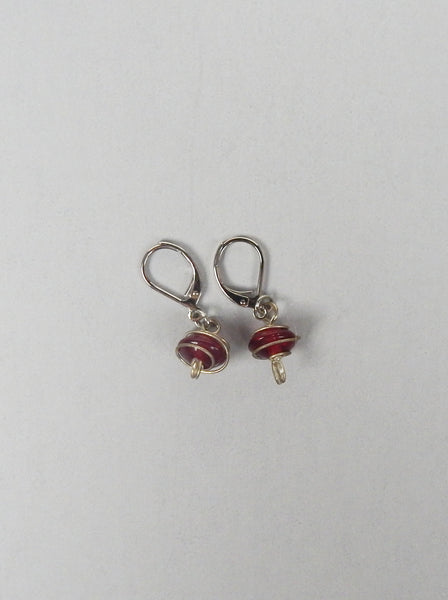 Small Red Wire Wrap Stone Lever Back Earrings