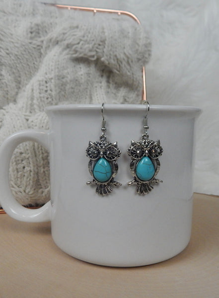 Pewter Owl/Turquoise Stone Pierced Hook Dangle Earrings