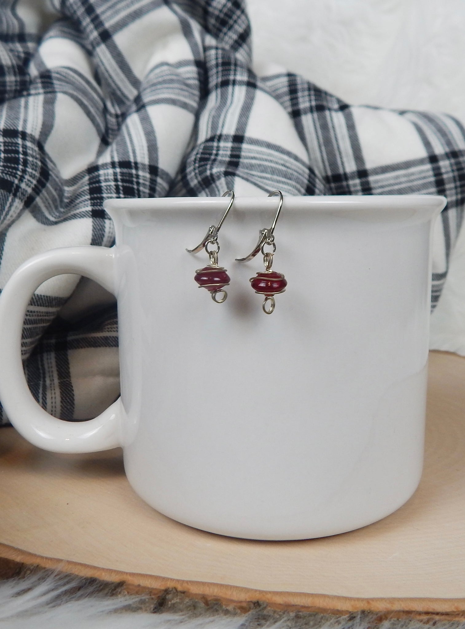 Small Red Wire Wrap Stone Lever Back Earrings