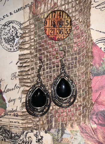 Black Stone Pierced Dangle Hook Earrings