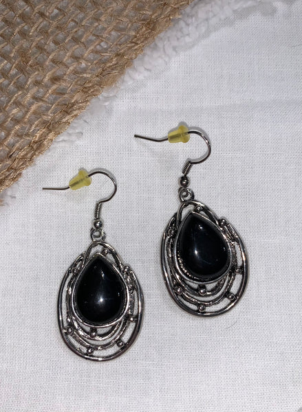 Black Stone Pierced Dangle Hook Earrings