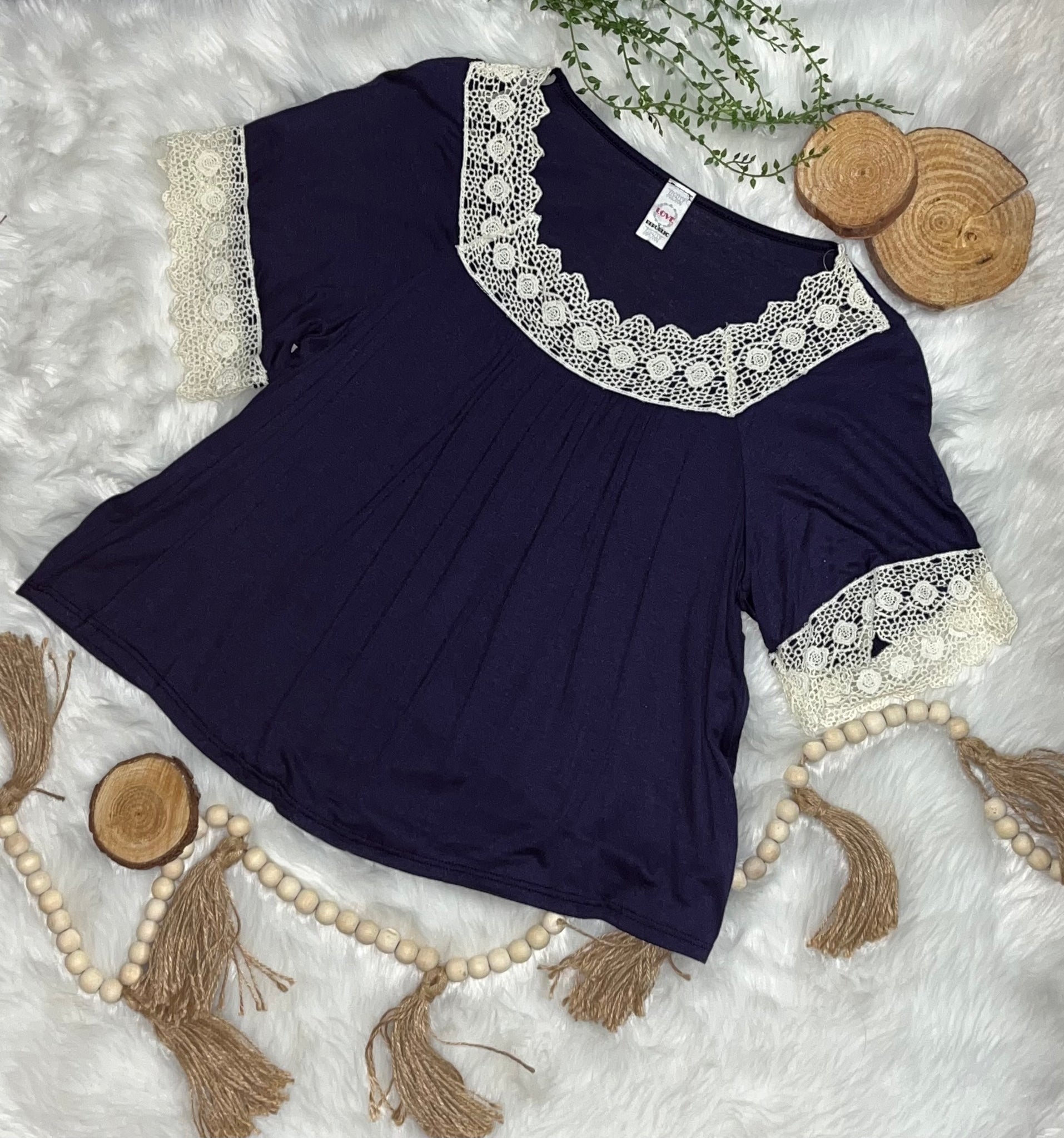 Look Like You, Girl Navy Swing Crop Top w/Ivory Crochet Lace Trim