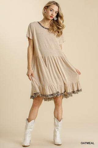 In The Wild Linen Blend Dress w/Animal Print Trim