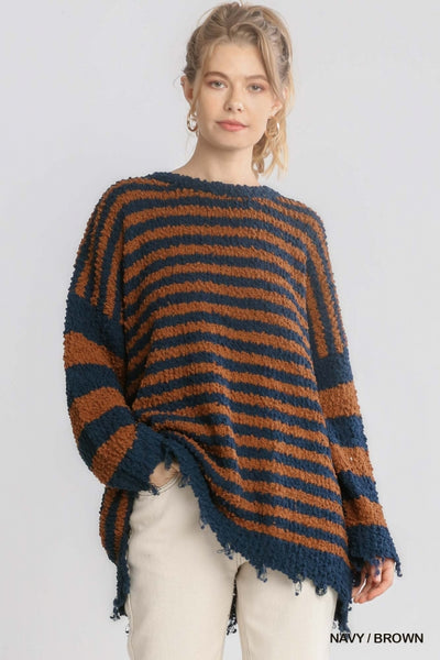 Snuggling Season Popcorn Striped Pullover Sweater with Distressed Hem