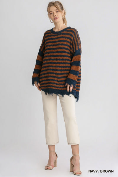 Snuggling Season Popcorn Striped Pullover Sweater with Distressed Hem