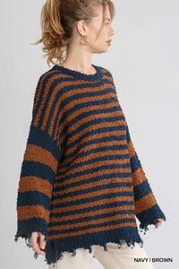 Snuggling Season Popcorn Striped Pullover Sweater with Distressed Hem