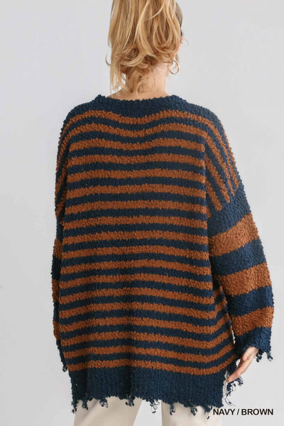 Snuggling Season Popcorn Striped Pullover Sweater with Distressed Hem