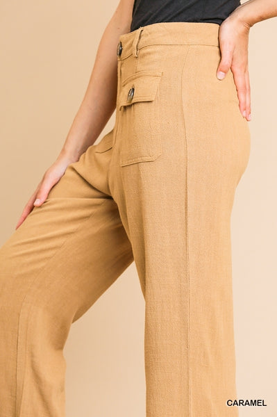 Sidewalk Stroll Linen Blend Pants with Front Pockets